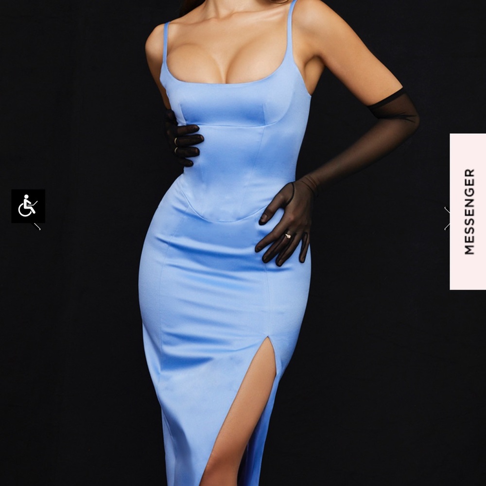 CASIMIRA
CORNFLOWER BLUE SATIN CORSET MIDI DRESS